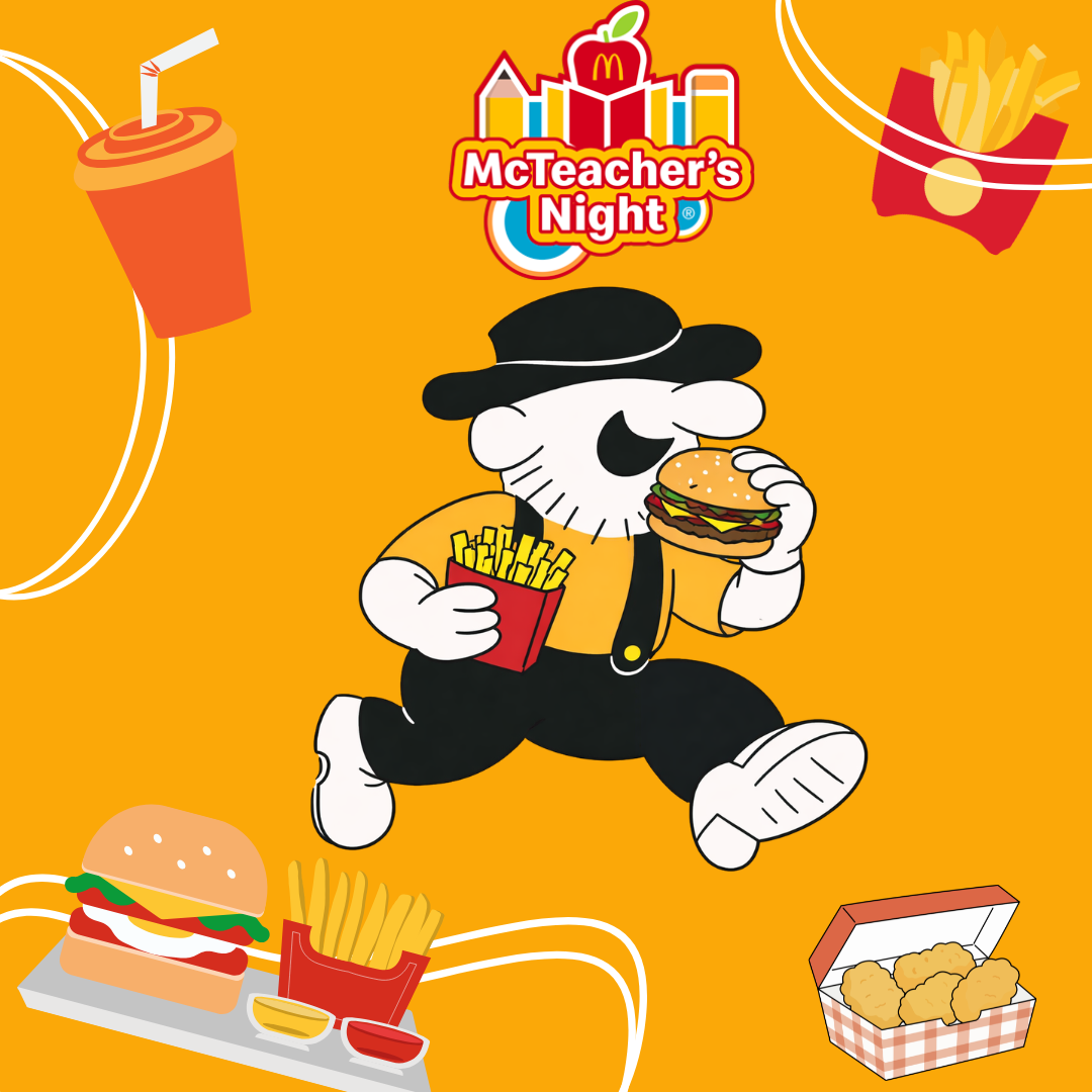 McTeacher’s Night graphic featuring the Iron Mountain Mountaineer mascot eating a McDonald’s burger and fries.